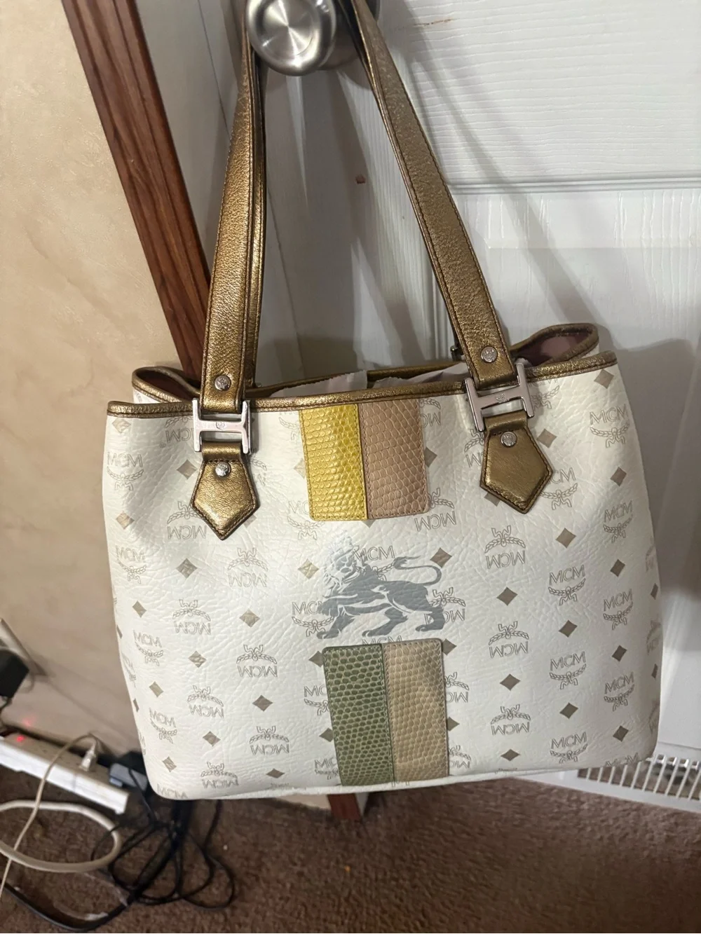 MCM White Logo Canvas Shoulder Tote with Gold Trim and Multicolor Stripes